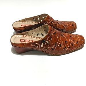 Pikolinos leather orangish brown laser cut slides slip on shoes